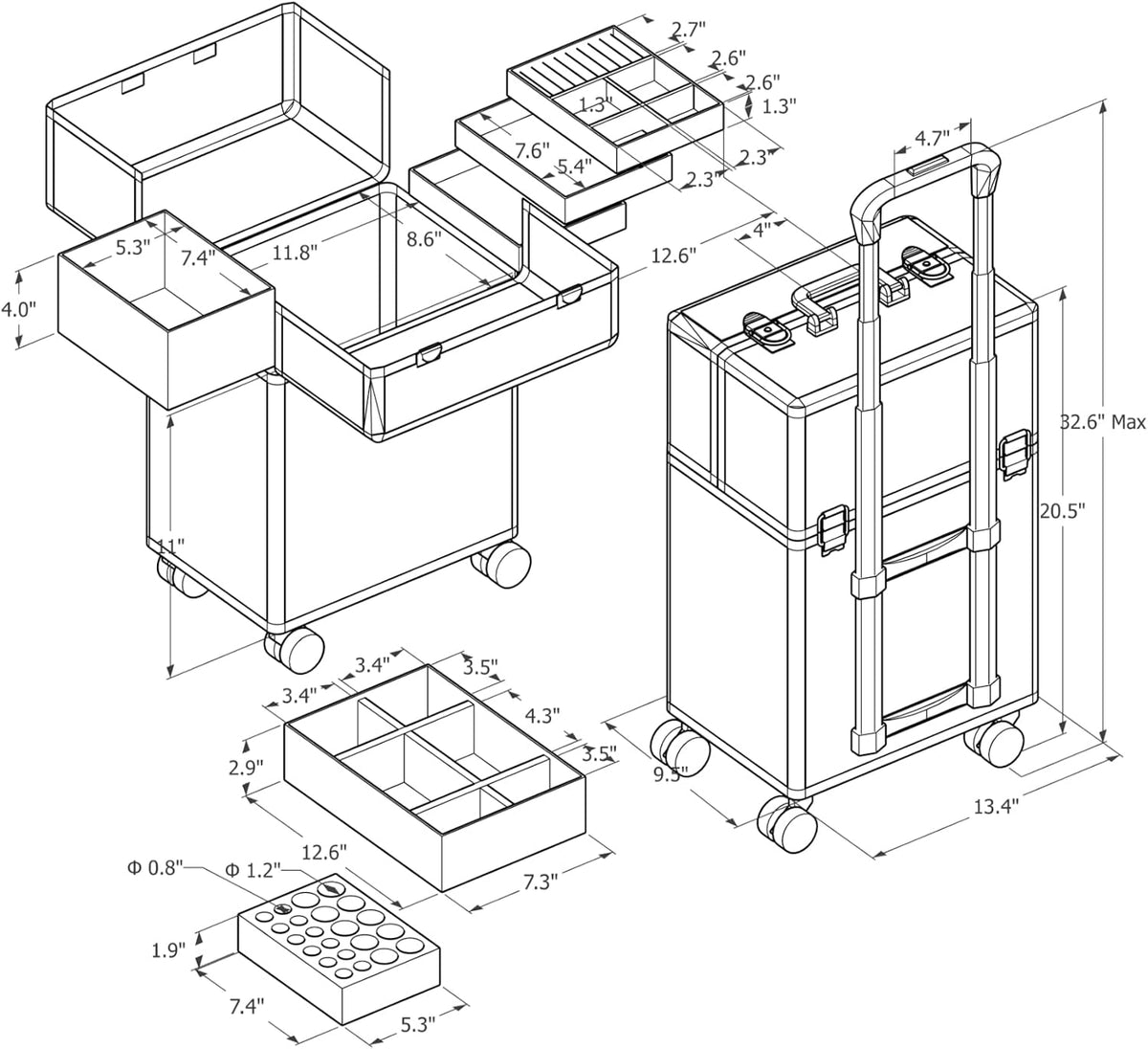 Rolling Makeup Train Case Large Storage Cosmetic Trolley 4 Tray with Sliding Rail Removable Middle Layer with Key Swivel Wheels Salon Barber Case Traveling Cart Trunk