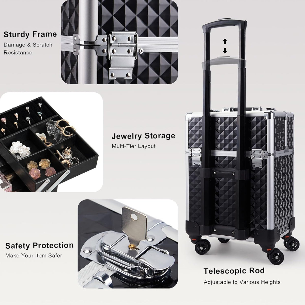 Rolling Makeup Train Case Large Storage Cosmetic Trolley 4 Tray with Sliding Rail Removable Middle Layer with Key Swivel Wheels Salon Barber Case Traveling Cart Trunk