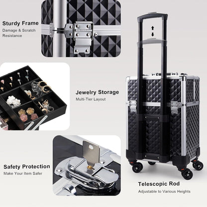 Rolling Makeup Train Case Large Storage Cosmetic Trolley 4 Tray with Sliding Rail Removable Middle Layer with Key Swivel Wheels Salon Barber Case Traveling Cart Trunk