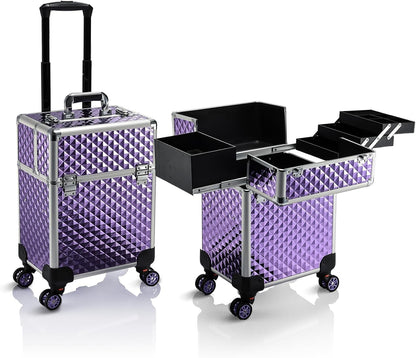 Rolling Makeup Train Case Large Storage Cosmetic Trolley 4 Tray with Sliding Rail Removable Middle Layer with Key Swivel Wheels Salon Barber Case Traveling Cart Trunk
