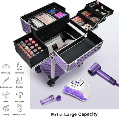 Rolling Makeup Train Case Large Storage Cosmetic Trolley 4 Tray with Sliding Rail Removable Middle Layer with Key Swivel Wheels Salon Barber Case Traveling Cart Trunk