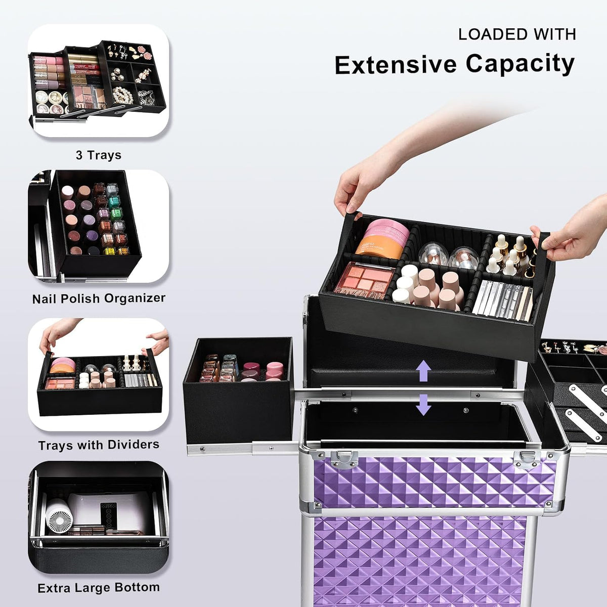 Rolling Makeup Train Case Large Storage Cosmetic Trolley 4 Tray with Sliding Rail Removable Middle Layer with Key Swivel Wheels Salon Barber Case Traveling Cart Trunk