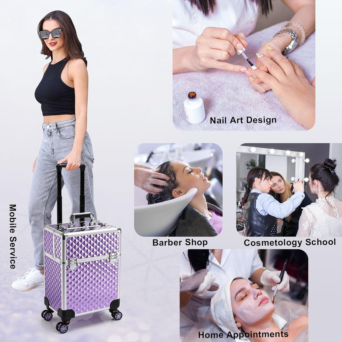 Rolling Makeup Train Case Large Storage Cosmetic Trolley 4 Tray with Sliding Rail Removable Middle Layer with Key Swivel Wheels Salon Barber Case Traveling Cart Trunk