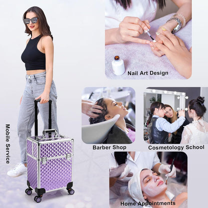 Rolling Makeup Train Case Large Storage Cosmetic Trolley 4 Tray with Sliding Rail Removable Middle Layer with Key Swivel Wheels Salon Barber Case Traveling Cart Trunk