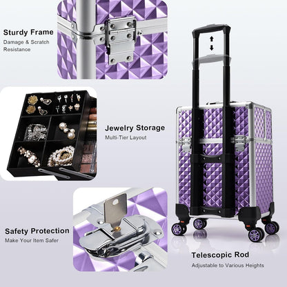 Rolling Makeup Train Case Large Storage Cosmetic Trolley 4 Tray with Sliding Rail Removable Middle Layer with Key Swivel Wheels Salon Barber Case Traveling Cart Trunk