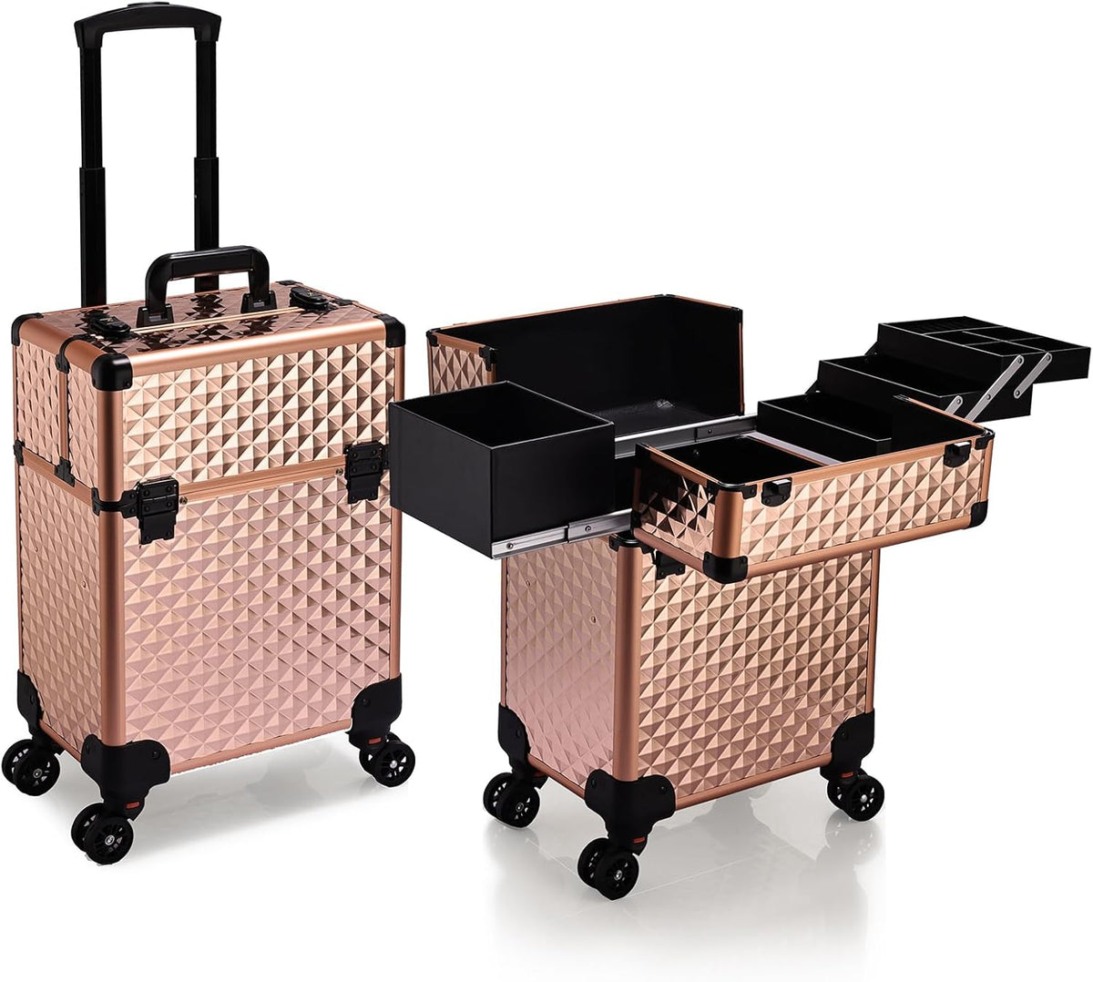 Rolling Makeup Train Case Large Storage Cosmetic Trolley 4 Tray with Sliding Rail Removable Middle Layer with Key Swivel Wheels Salon Barber Case Traveling Cart Trunk