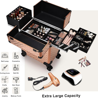 Rolling Makeup Train Case Large Storage Cosmetic Trolley 4 Tray with Sliding Rail Removable Middle Layer with Key Swivel Wheels Salon Barber Case Traveling Cart Trunk