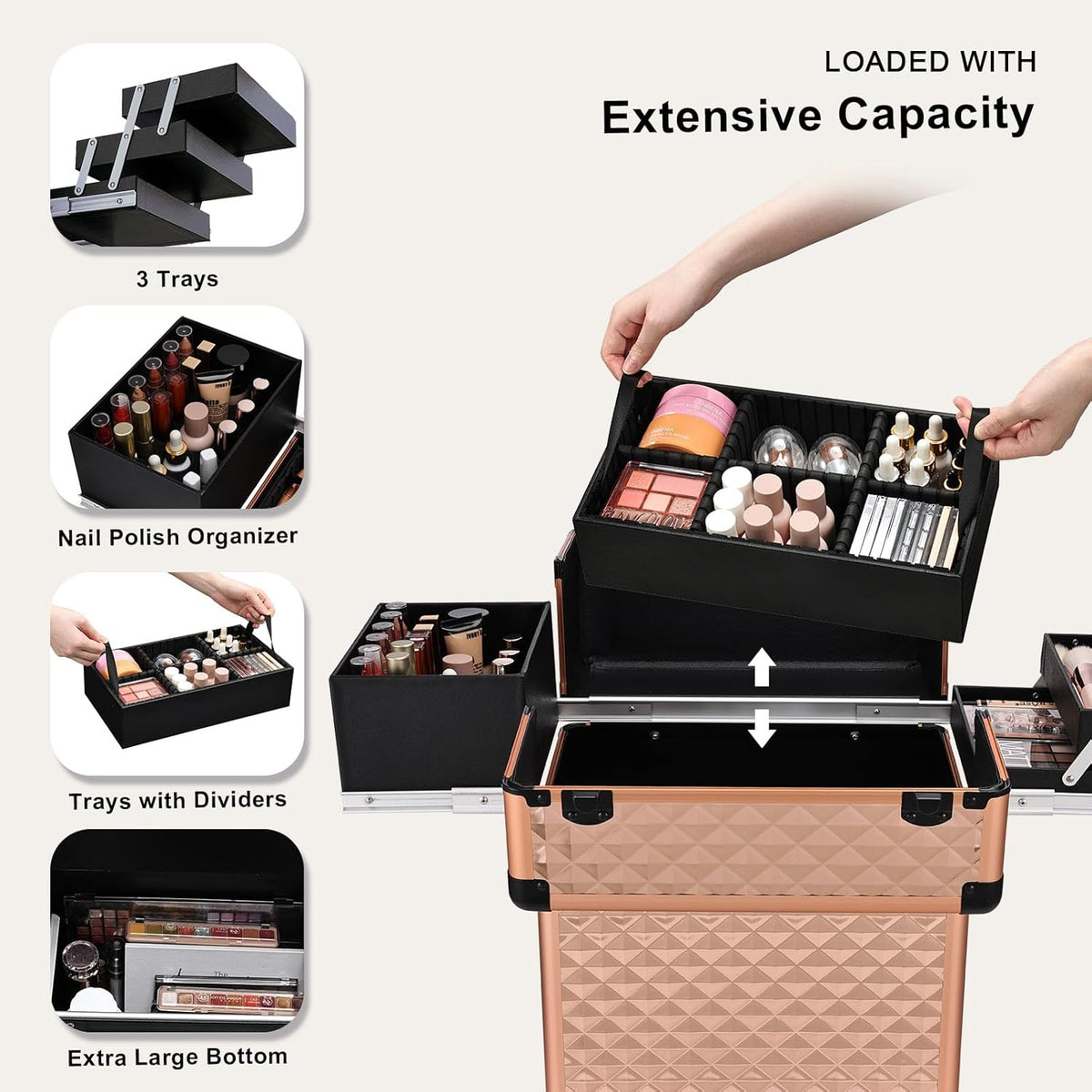 Rolling Makeup Train Case Large Storage Cosmetic Trolley 4 Tray with Sliding Rail Removable Middle Layer with Key Swivel Wheels Salon Barber Case Traveling Cart Trunk