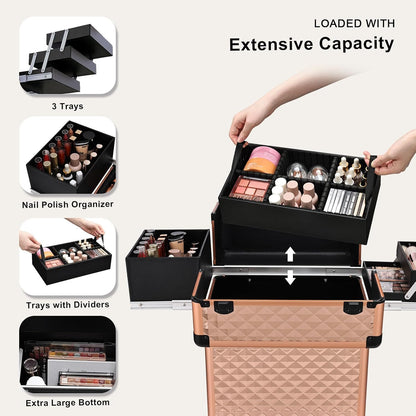 Rolling Makeup Train Case Large Storage Cosmetic Trolley 4 Tray with Sliding Rail Removable Middle Layer with Key Swivel Wheels Salon Barber Case Traveling Cart Trunk