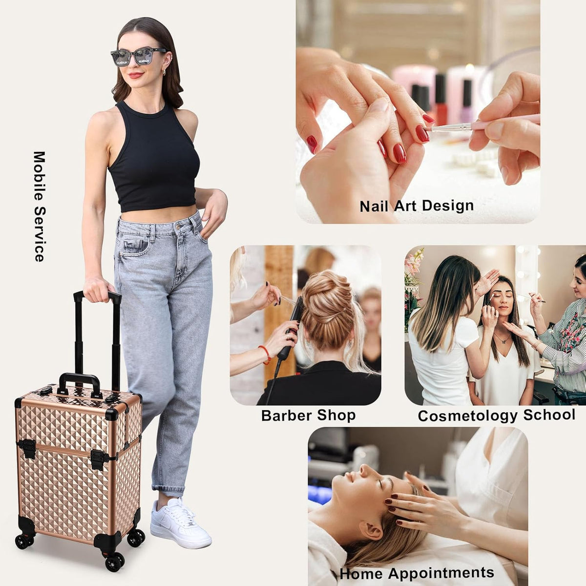 Rolling Makeup Train Case Large Storage Cosmetic Trolley 4 Tray with Sliding Rail Removable Middle Layer with Key Swivel Wheels Salon Barber Case Traveling Cart Trunk