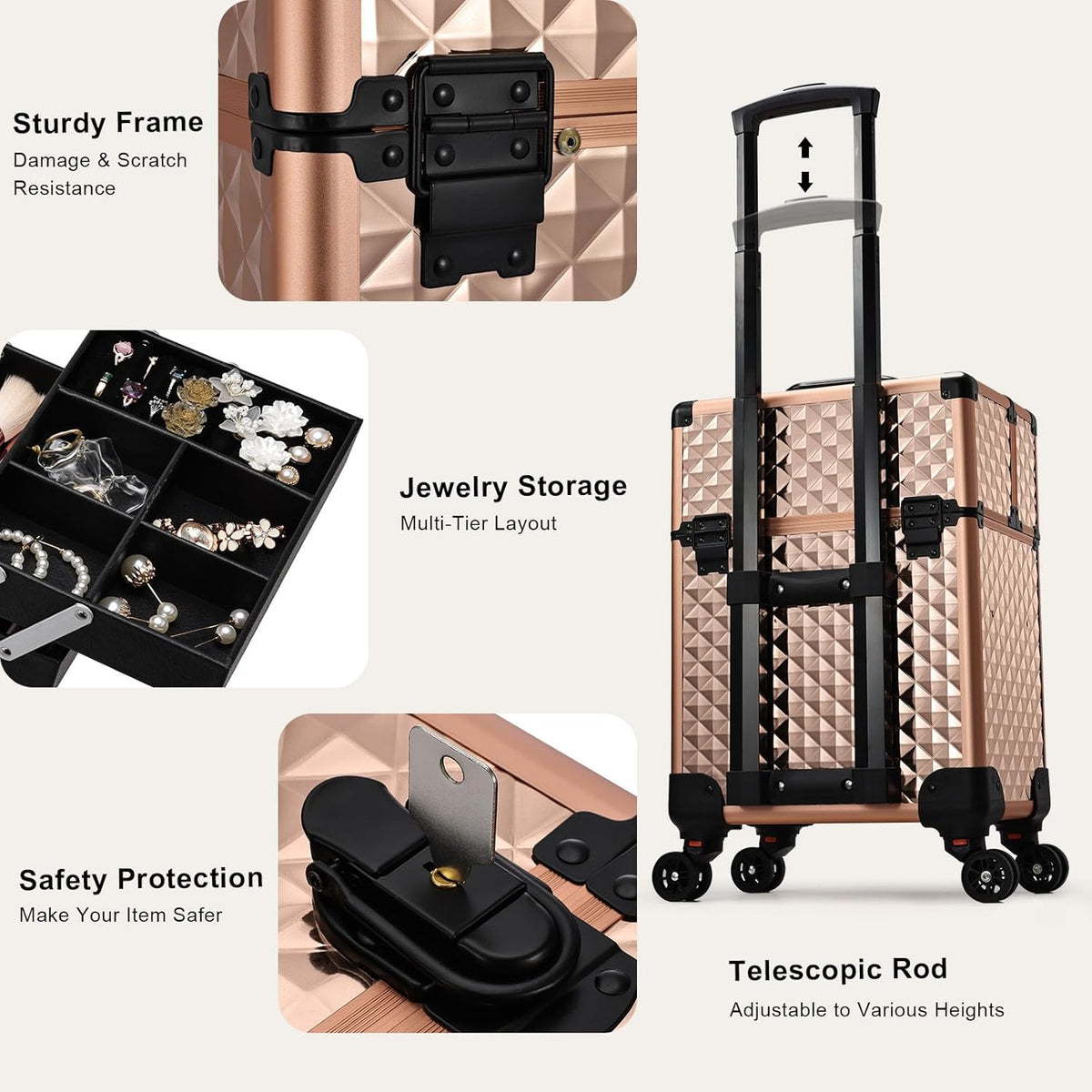 Rolling Makeup Train Case Large Storage Cosmetic Trolley 4 Tray with Sliding Rail Removable Middle Layer with Key Swivel Wheels Salon Barber Case Traveling Cart Trunk
