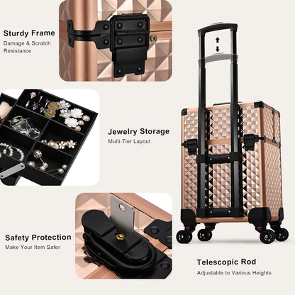 Rolling Makeup Train Case Large Storage Cosmetic Trolley 4 Tray with Sliding Rail Removable Middle Layer with Key Swivel Wheels Salon Barber Case Traveling Cart Trunk