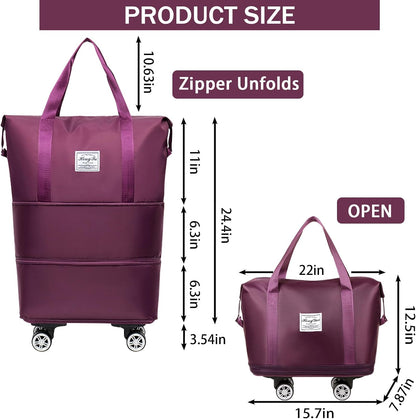 Rolling Duffle Bag with Detachable Wheels Expandable Foldable Duffle Bag for Travel Luggage bag Carry on Weekend Travel Bag (Fuchsia)