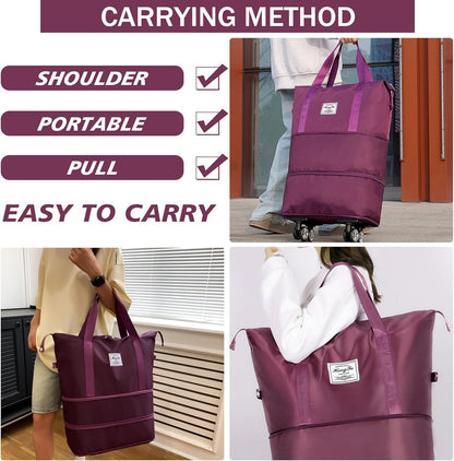 Rolling Duffle Bag with Detachable Wheels Expandable Foldable Duffle Bag for Travel Luggage bag Carry on Weekend Travel Bag (Fuchsia)