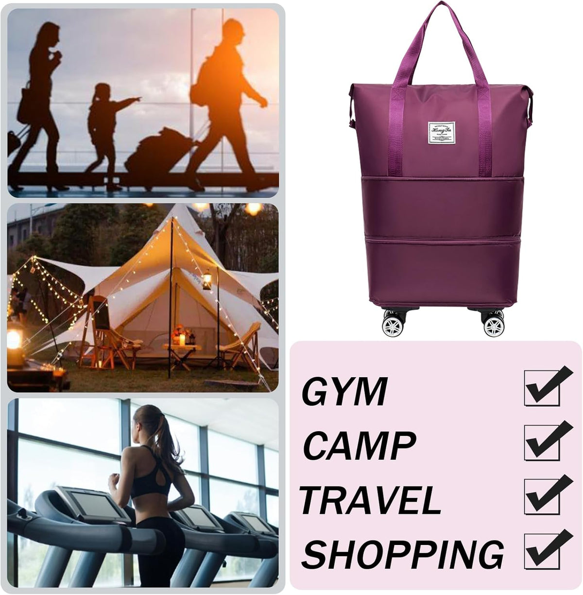 Rolling Duffle Bag with Detachable Wheels Expandable Foldable Duffle Bag for Travel Luggage bag Carry on Weekend Travel Bag (Fuchsia)