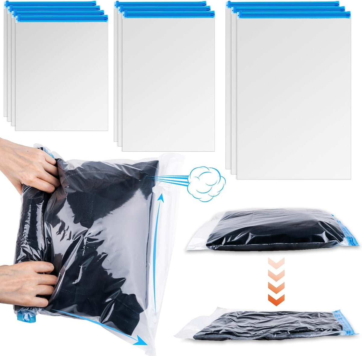 10 PCS Compression Bags for Travel Essentials, 3 Sizes Space Saver Bags, No Vacuum or Pump Needed, Roll Up Vacuum Packing for Clothing Storage, Cruise Accessories, Luggage & Home Organizers