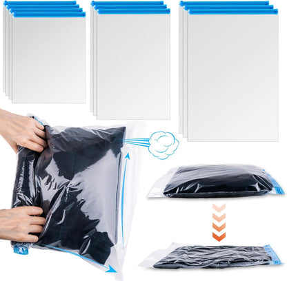 10 PCS Compression Bags for Travel Essentials, 3 Sizes Space Saver Bags, No Vacuum or Pump Needed, Roll Up Vacuum Packing for Clothing Storage, Cruise Accessories, Luggage & Home Organizers