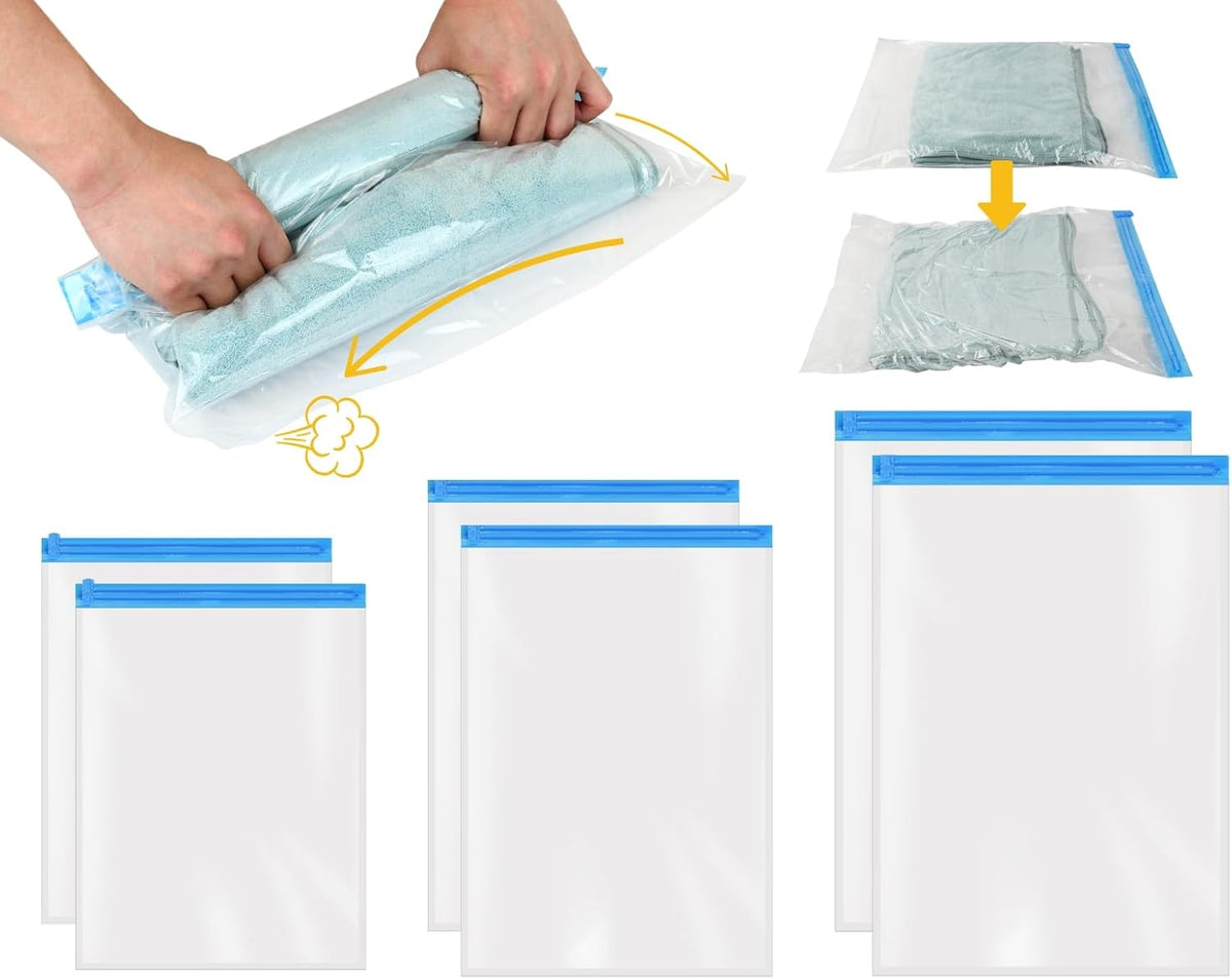 6 Pack Space Saver Vacuum Storage Bags Hand Roll Compression Bags for Travel Luggage Home Organizers