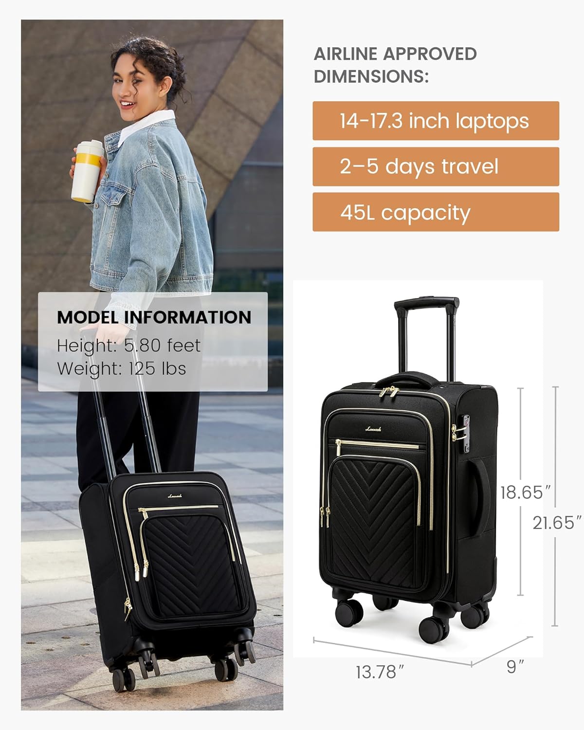 Carry On Luggage 22x14x9 Airline Approved,20 Inch Carry On Suitcases with Wheels,Softside Rolling Suitcase with TSA Lock for Women Men,Lightweight Travel luggage