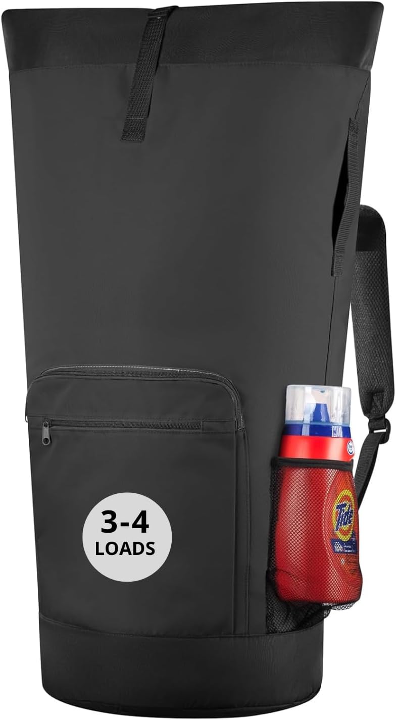 Laundry Backpack - XL Heavy Duty Laundry Bag Holds 3-4 Loads - Adjustable Straps, Drawstring Closure, Pockets & Handles - Durable Hamper for College, Travel & Laundromat - Black