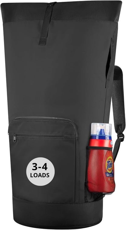Laundry Backpack - XL Heavy Duty Laundry Bag Holds 3-4 Loads - Adjustable Straps, Drawstring Closure, Pockets & Handles - Durable Hamper for College, Travel & Laundromat - Black