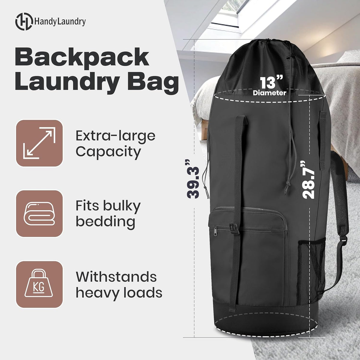 Laundry Backpack - XL Heavy Duty Laundry Bag Holds 3-4 Loads - Adjustable Straps, Drawstring Closure, Pockets & Handles - Durable Hamper for College, Travel & Laundromat - Black