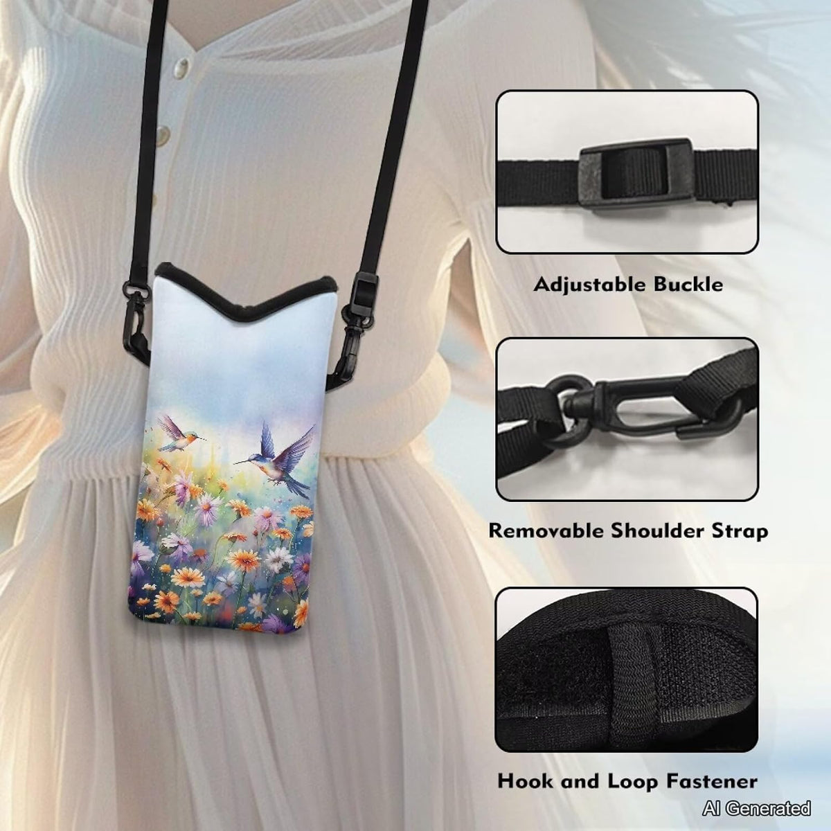 Women Men Crossbody Phone Bag Lightweight Neoprene Cellphone Case Waterproof Phone Carry Pouch for iPhone 15/14/ 13 Pro Max, for Samsung S24, S23+, A25, A35, Hummingbird Floral Pattern - Colors B