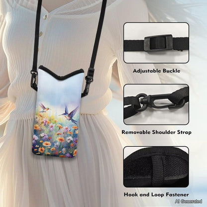 Women Men Crossbody Phone Bag Lightweight Neoprene Cellphone Case Waterproof Phone Carry Pouch for iPhone 15/14/ 13 Pro Max, for Samsung S24, S23+, A25, A35, Hummingbird Floral Pattern - Colors B