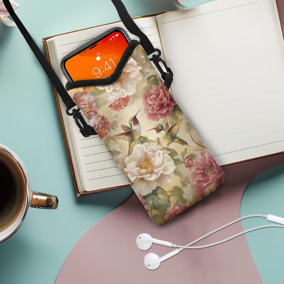 Women Men Crossbody Phone Bag Lightweight Neoprene Cellphone Case Waterproof Phone Carry Pouch for iPhone 15/14/ 13 Pro Max, for Samsung S24, S23+, A25, A35, Hummingbird Floral Pattern - Colors B