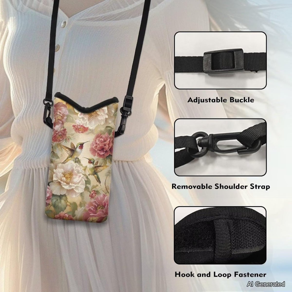 Women Men Crossbody Phone Bag Lightweight Neoprene Cellphone Case Waterproof Phone Carry Pouch for iPhone 15/14/ 13 Pro Max, for Samsung S24, S23+, A25, A35, Hummingbird Floral Pattern - Colors B