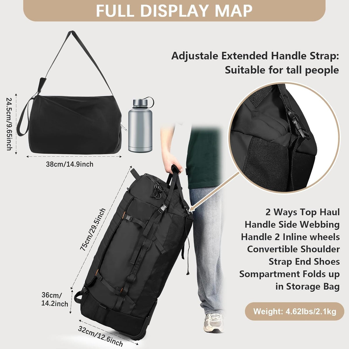 Rolling Duffle Bag with Wheels,86L 30”Carry on Luggage with Wheels,Folding Travel Bag,Duffle Backpack with Separate Shoe Compartment (Dark Blue)