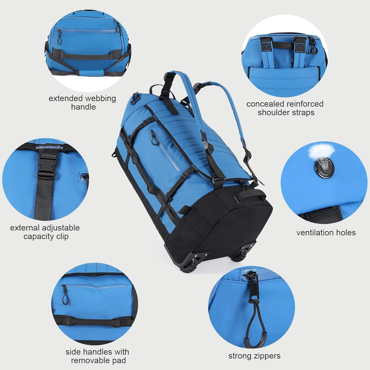 Rolling Duffle Bag with Wheels,86L 30”Carry on Luggage with Wheels,Folding Travel Bag,Duffle Backpack with Separate Shoe Compartment (Dark Blue)