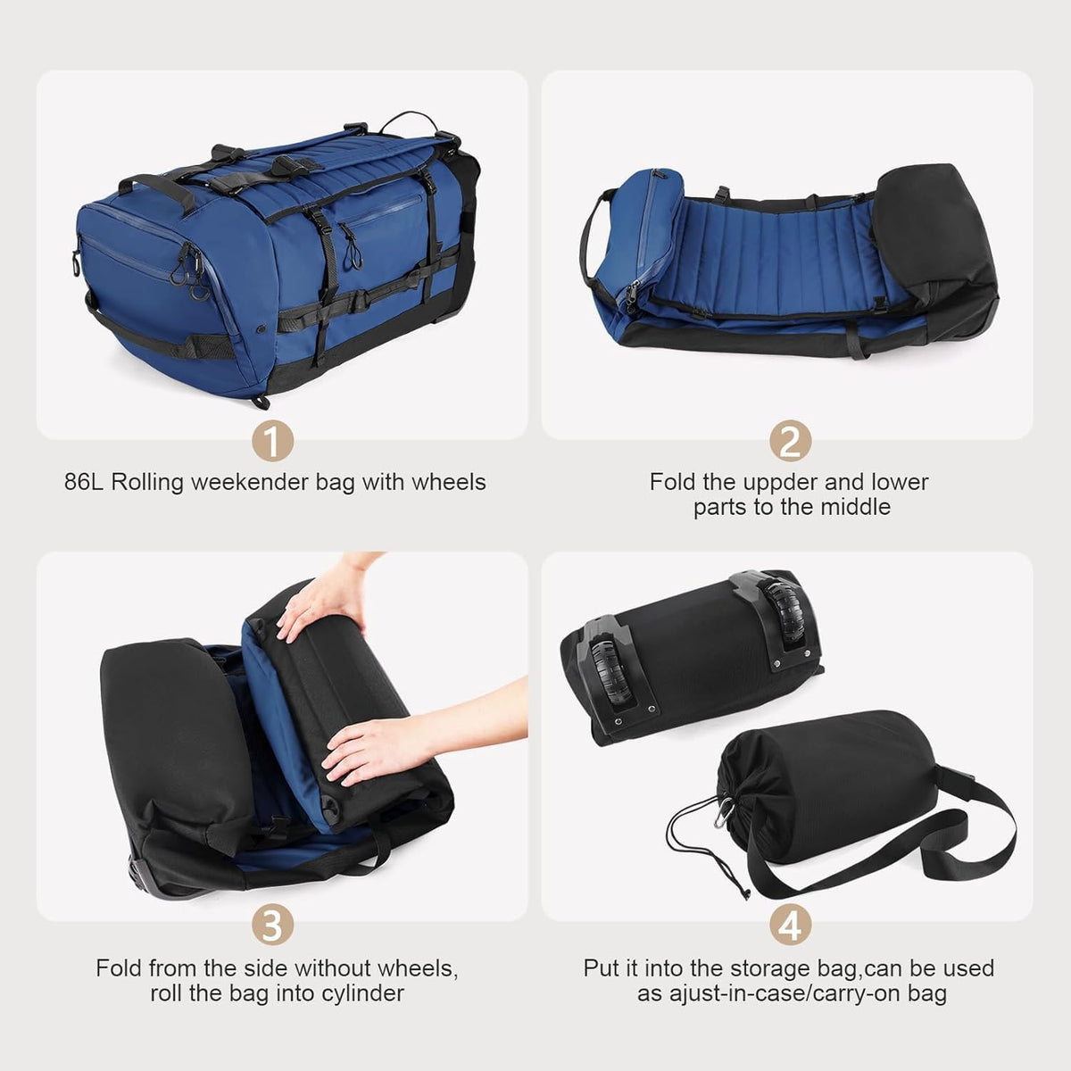 Rolling Duffle Bag with Wheels,86L 30”Carry on Luggage with Wheels,Folding Travel Bag,Duffle Backpack with Separate Shoe Compartment (Dark Blue)