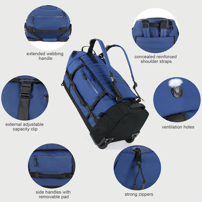 Rolling Duffle Bag with Wheels,86L 30”Carry on Luggage with Wheels,Folding Travel Bag,Duffle Backpack with Separate Shoe Compartment (Dark Blue)