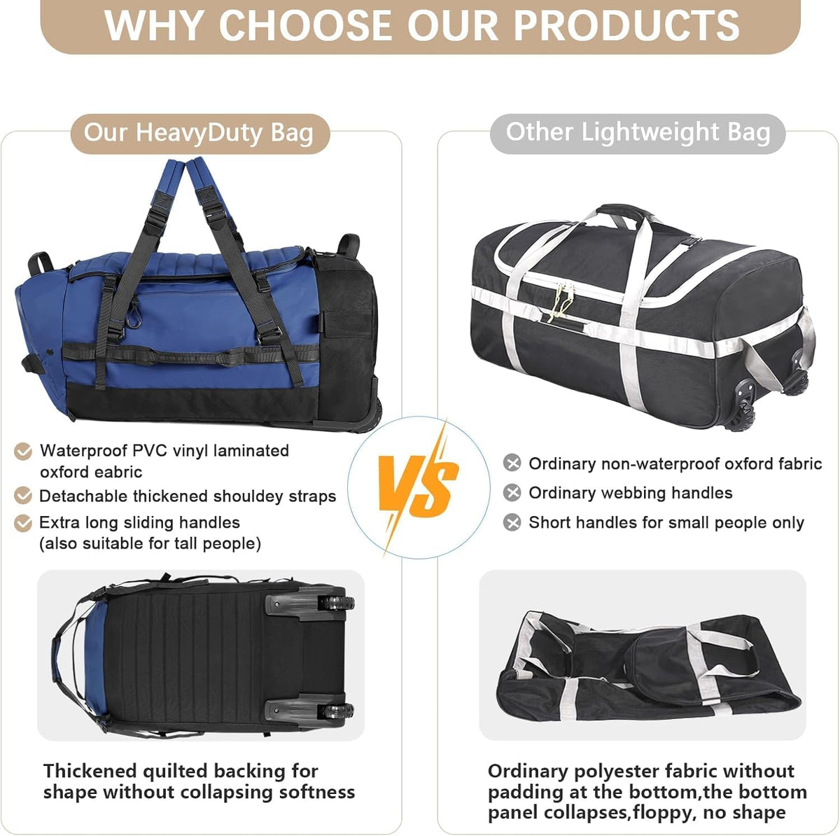 Rolling Duffle Bag with Wheels,86L 30”Carry on Luggage with Wheels,Folding Travel Bag,Duffle Backpack with Separate Shoe Compartment (Dark Blue)