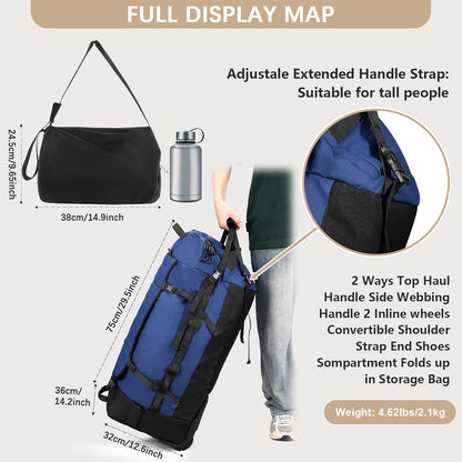 Rolling Duffle Bag with Wheels,86L 30”Carry on Luggage with Wheels,Folding Travel Bag,Duffle Backpack with Separate Shoe Compartment (Dark Blue)