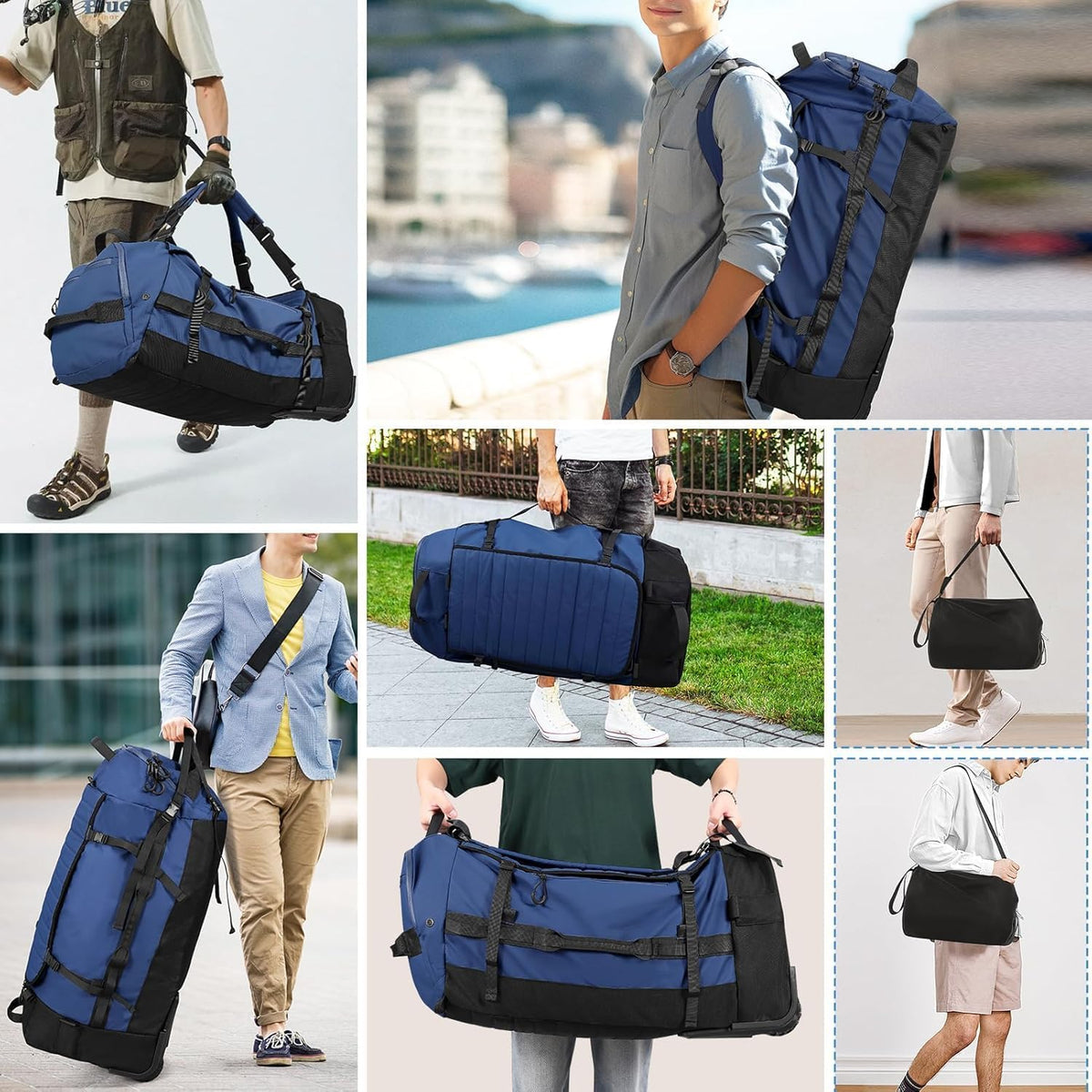Rolling Duffle Bag with Wheels,86L 30”Carry on Luggage with Wheels,Folding Travel Bag,Duffle Backpack with Separate Shoe Compartment (Dark Blue)