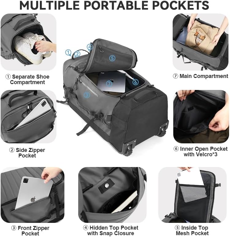 Rolling Duffle Bag with Wheels,86L 30”Carry on Luggage with Wheels,Folding Travel Bag,Duffle Backpack with Separate Shoe Compartment (Dark Blue)