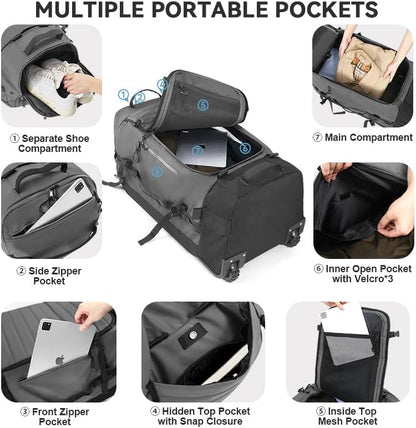 Rolling Duffle Bag with Wheels,86L 30”Carry on Luggage with Wheels,Folding Travel Bag,Duffle Backpack with Separate Shoe Compartment (Dark Blue)