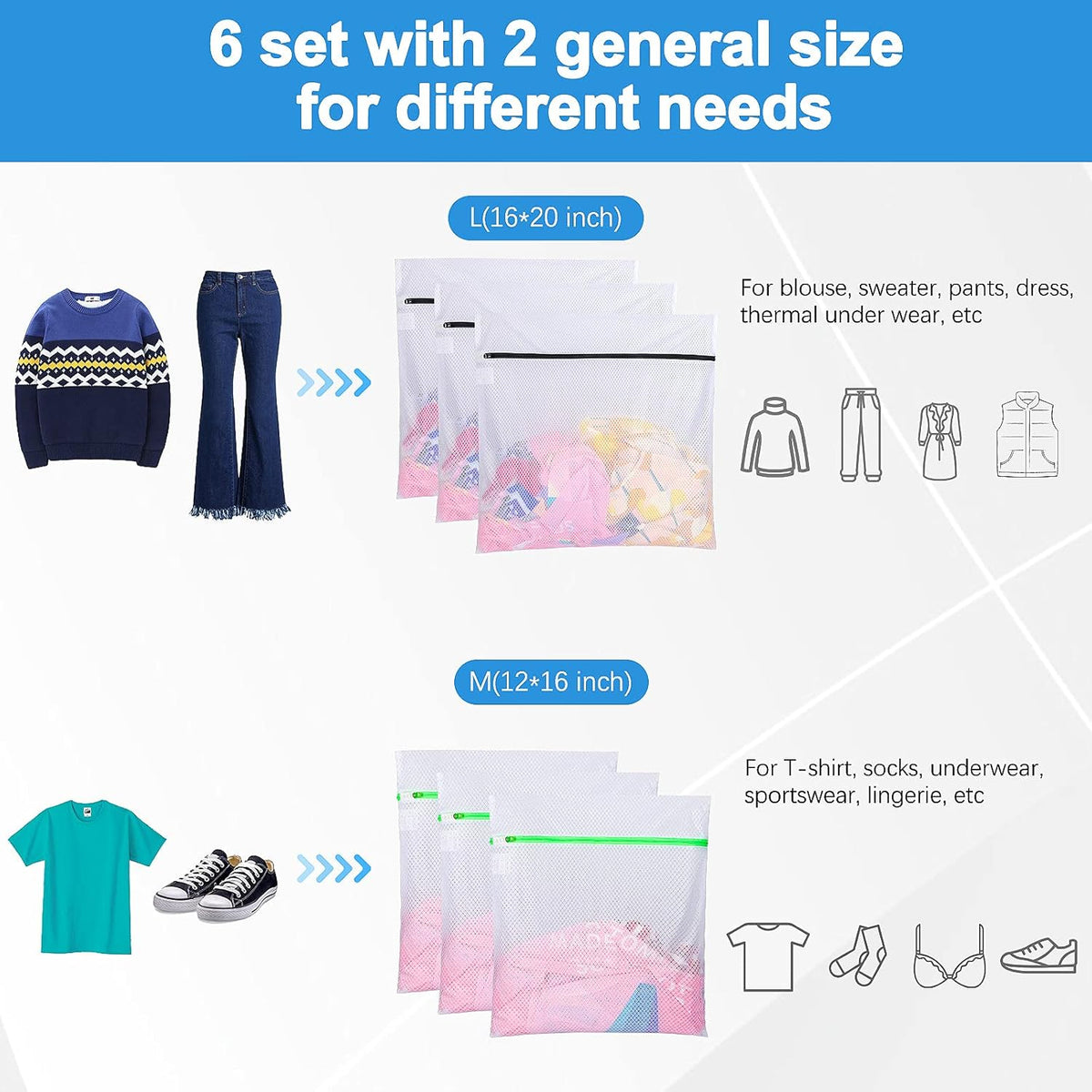 6 PCS Mesh Laundry Bags, Delicates Washing Bags | 3 Medium 3 Large for Sweater Blouse Hosiery Bras Machine Wash Bags for Travel Storage Organization