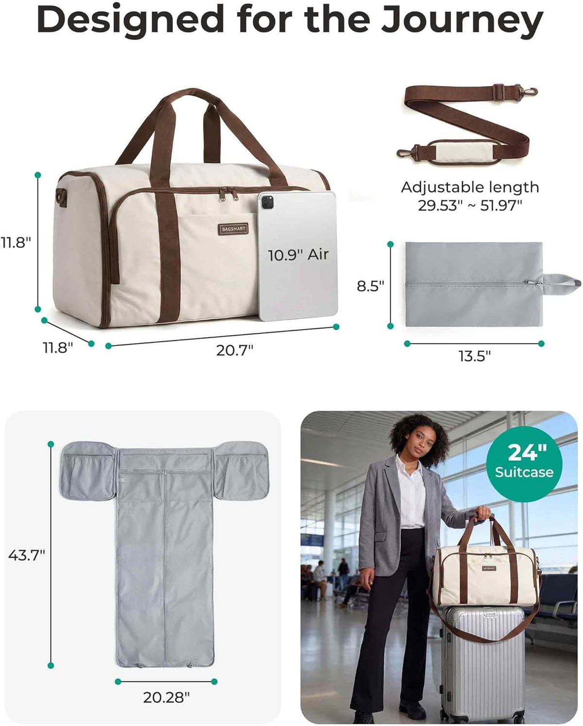 Garment Bag Duffle Bag for Travel Convertible 2 in 1 Suit Bag for Hanging Clothes Carry on Travel Bag with Shoes Bag,Shoulder Strap Weekender for Dresses, Coats, Shirts (Brown)