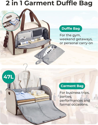 Garment Bag Duffle Bag for Travel Convertible 2 in 1 Suit Bag for Hanging Clothes Carry on Travel Bag with Shoes Bag,Shoulder Strap Weekender for Dresses, Coats, Shirts (Brown)