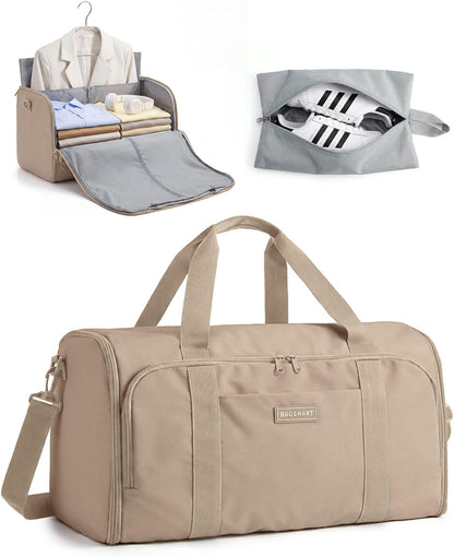 Garment Bag Duffle Bag for Travel Convertible 2 in 1 Suit Bag for Hanging Clothes Carry on Travel Bag with Shoes Bag,Shoulder Strap Weekender for Dresses, Coats, Shirts (Brown)
