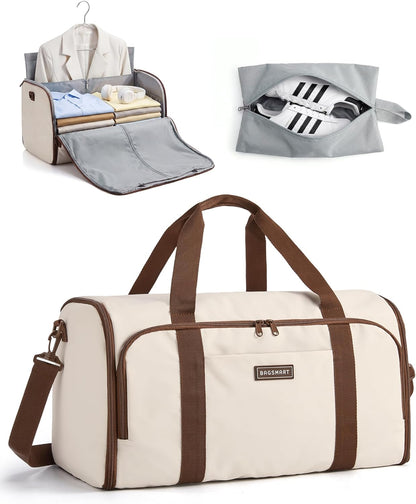 Garment Bag Duffle Bag for Travel Convertible 2 in 1 Suit Bag for Hanging Clothes Carry on Travel Bag with Shoes Bag,Shoulder Strap Weekender for Dresses, Coats, Shirts (Brown)