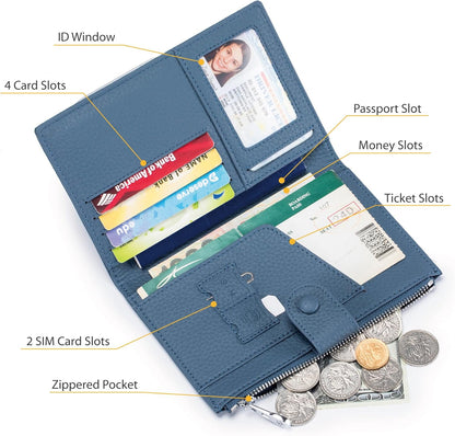 RFID Passport Wallet for Women, Slim Leather Passport Holder for Travel, Compact Travel Wallet with Zippered Coins Pocket and SIM Slots, Ladies Passport Cover