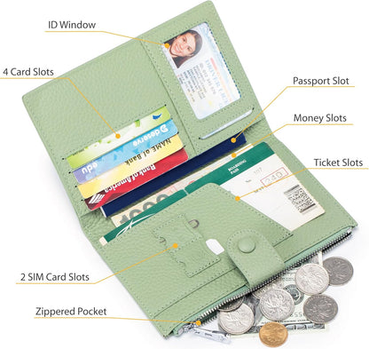 RFID Passport Wallet for Women, Slim Leather Passport Holder for Travel, Compact Travel Wallet with Zippered Coins Pocket and SIM Slots, Ladies Passport Cover