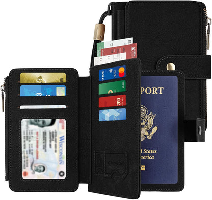 Likesing RFID Blocking Passport Holder, Leather Travel Wallet Womens(Black) | RFID Passport Wallet with 13 Card Holders ＆ 2 SIM Slots, Passport Book Cover Photo ＆ Zippered Coins Pocket and Cash Holder