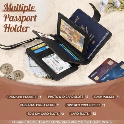 Likesing RFID Blocking Passport Holder, Leather Travel Wallet Womens(Black) | RFID Passport Wallet with 13 Card Holders ＆ 2 SIM Slots, Passport Book Cover Photo ＆ Zippered Coins Pocket and Cash Holder
