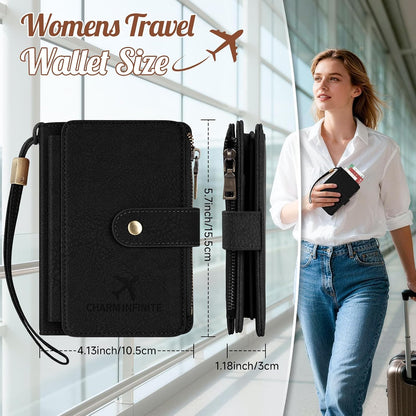 Likesing RFID Blocking Passport Holder, Leather Travel Wallet Womens(Black) | RFID Passport Wallet with 13 Card Holders ＆ 2 SIM Slots, Passport Book Cover Photo ＆ Zippered Coins Pocket and Cash Holder