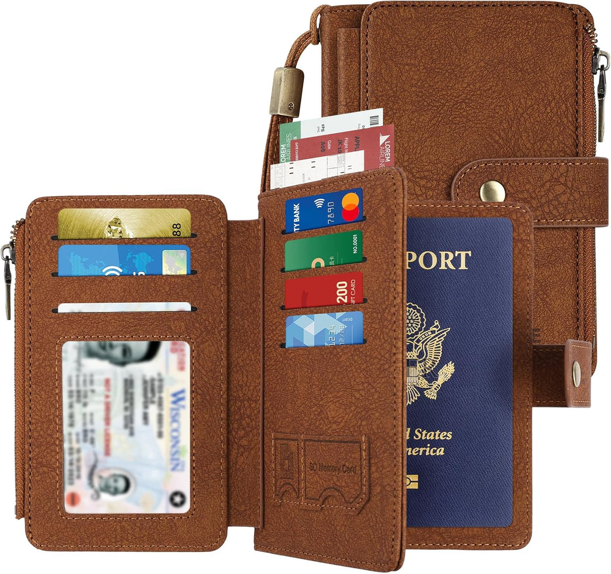 Likesing RFID Blocking Passport Holder, Leather Travel Wallet Womens(Black) | RFID Passport Wallet with 13 Card Holders ＆ 2 SIM Slots, Passport Book Cover Photo ＆ Zippered Coins Pocket and Cash Holder